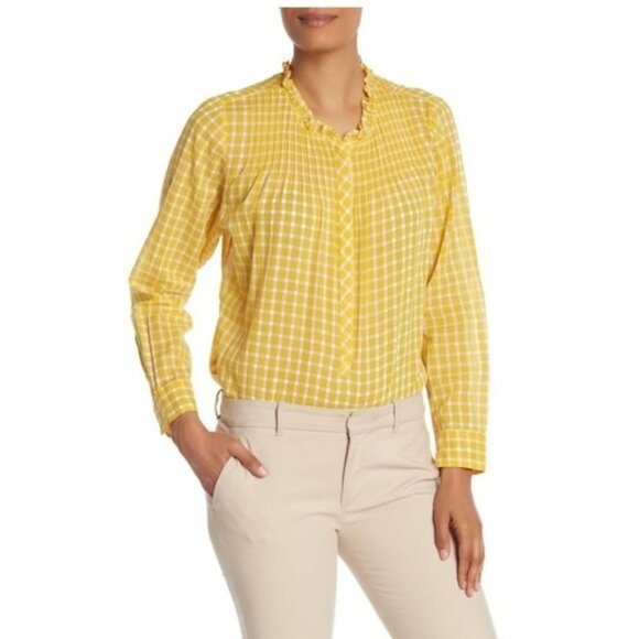 J. Crew Gingham Pleated Ruffle Trim Shirt - Picture 1 of 8